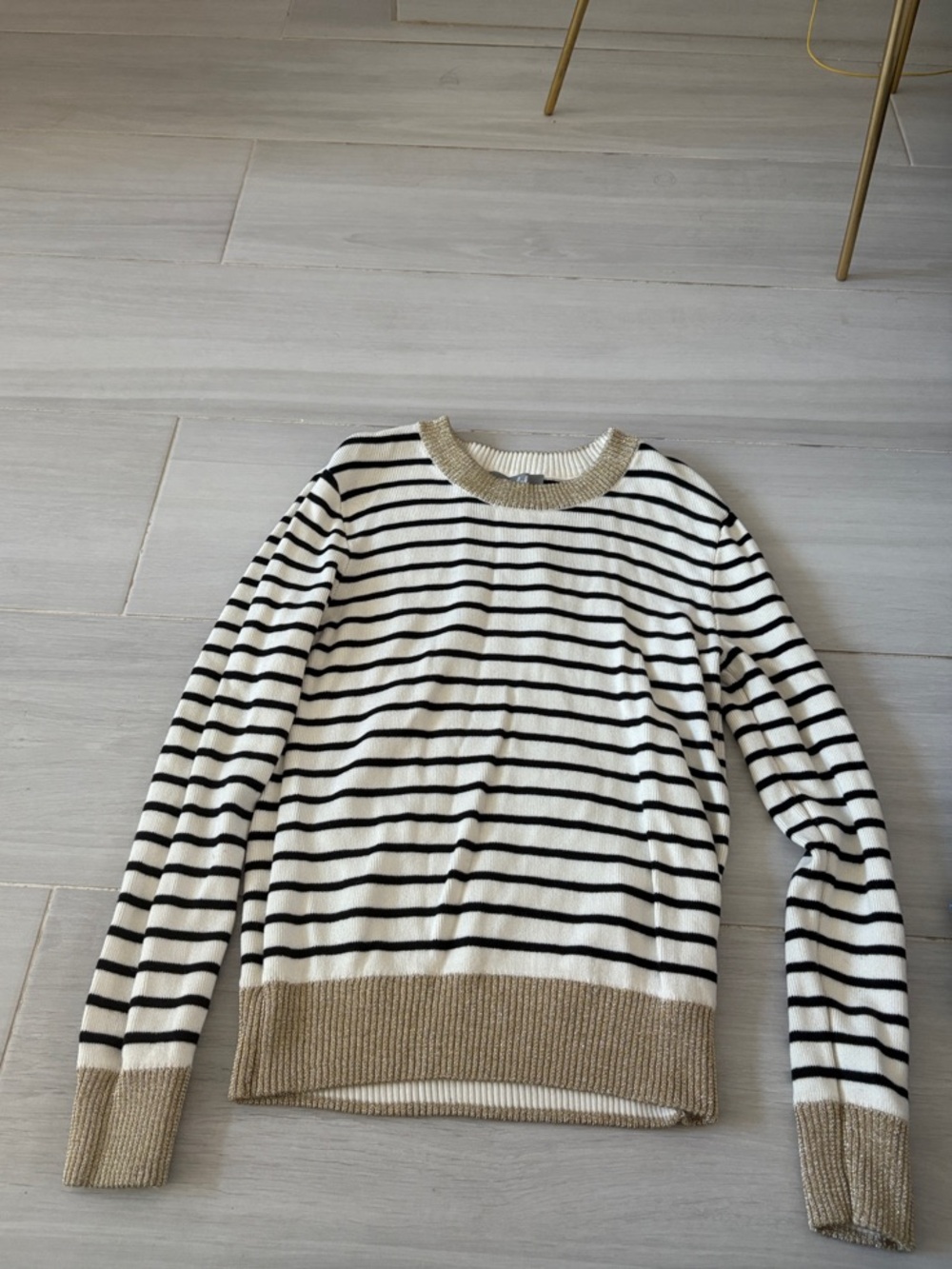 Marled White and Black Striped Sweater with Tan Trim